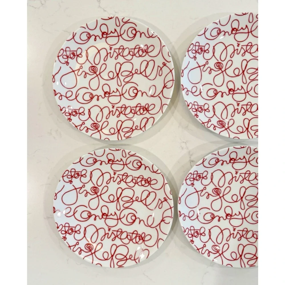 Set of 4 CRATE & BARREL Artwork Script Christmas Holiday Salad Plates 8.5